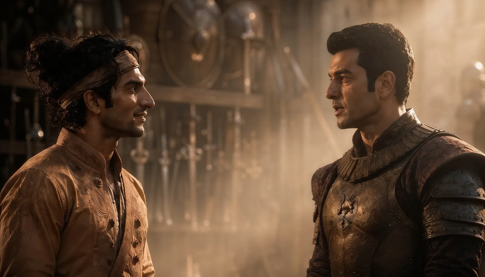 Two VisionX Cast characters rendered together in one frame, both identities intact